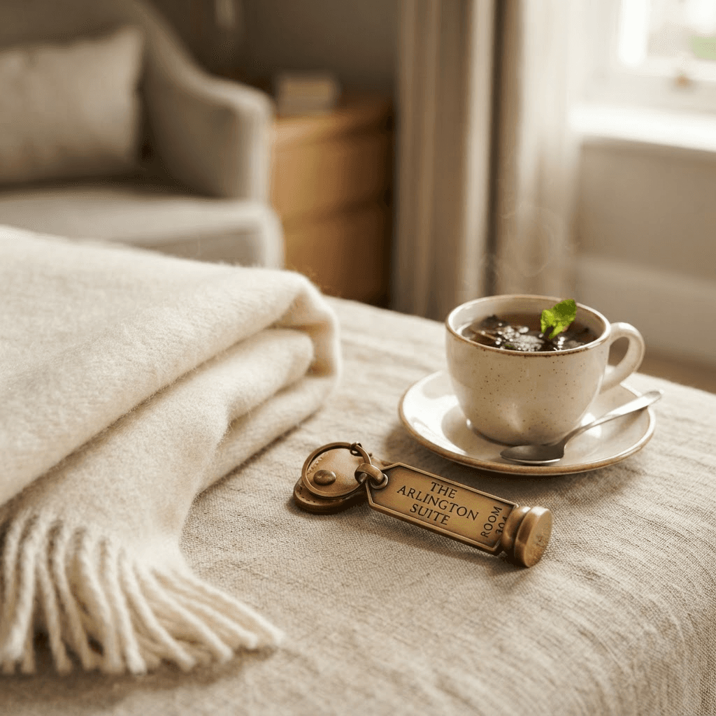 Brass room key and mint tea on a linen surface inside a Diamond Edge Apartments residence