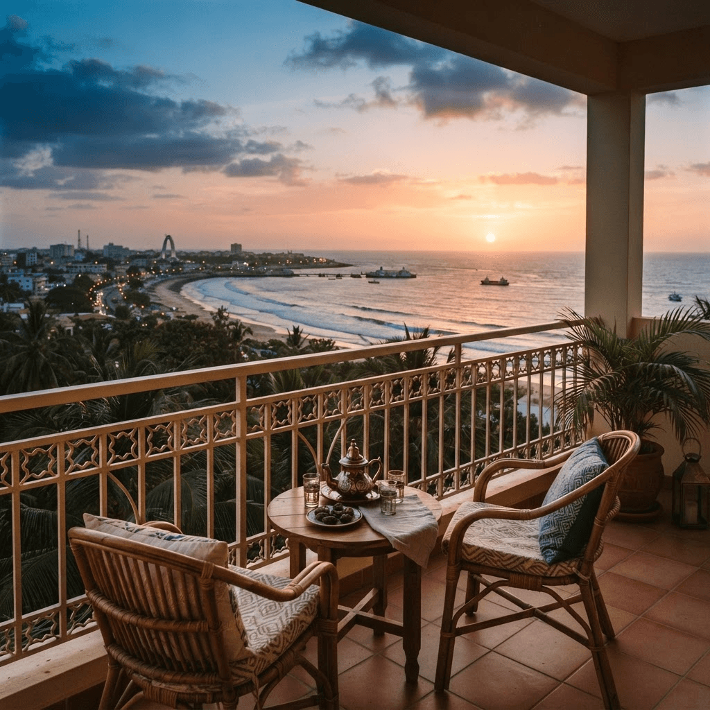 Private balcony overlooking palms and the Atlantic at sunset