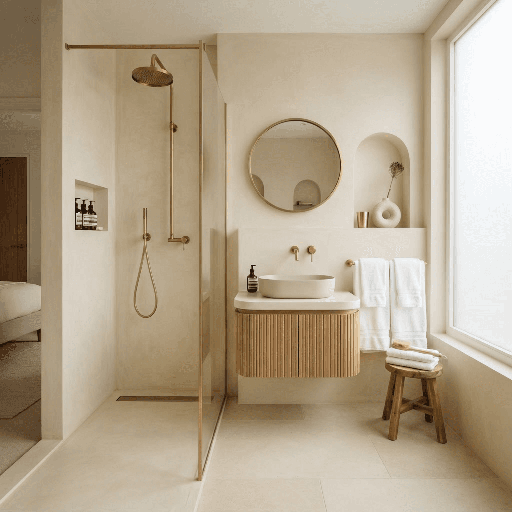 Minimalist en-suite bathroom with brass rainfall shower
