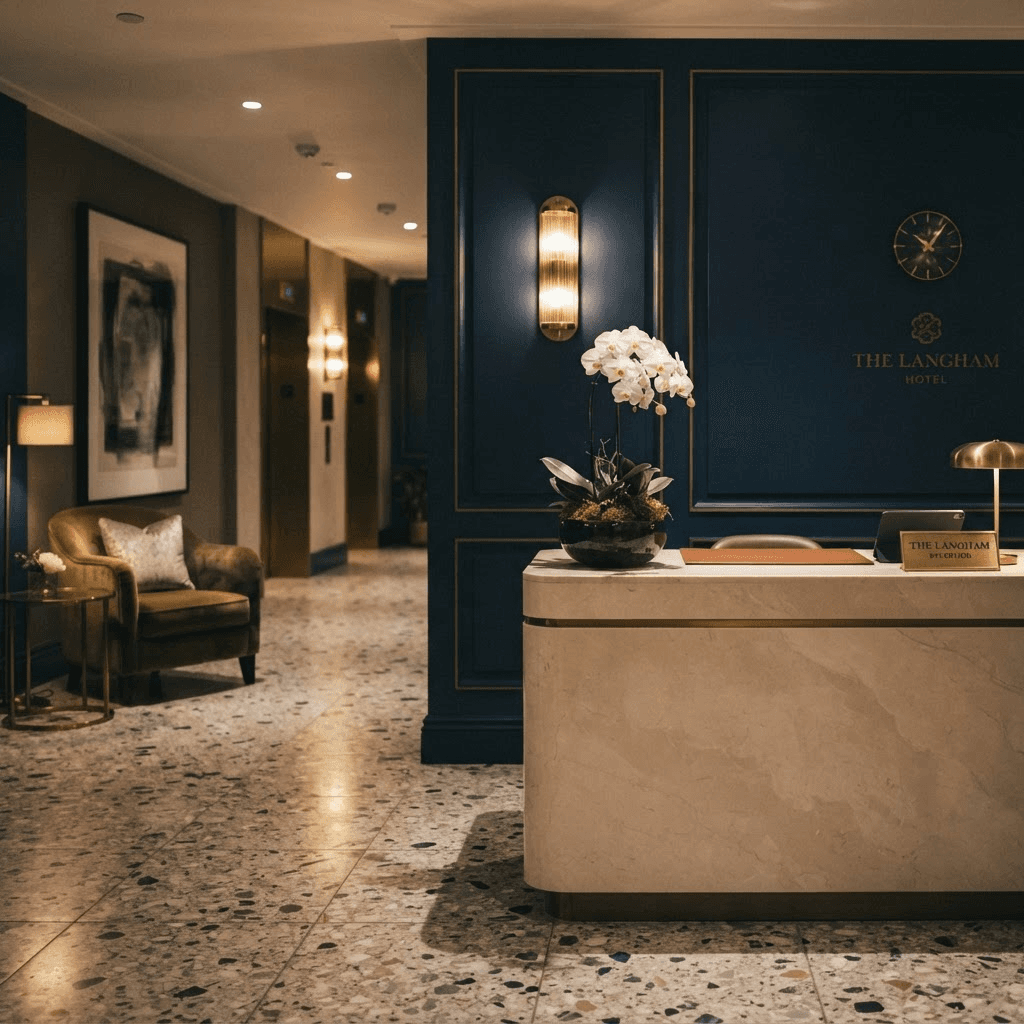 Navy panelled reception lobby with brass sconces
