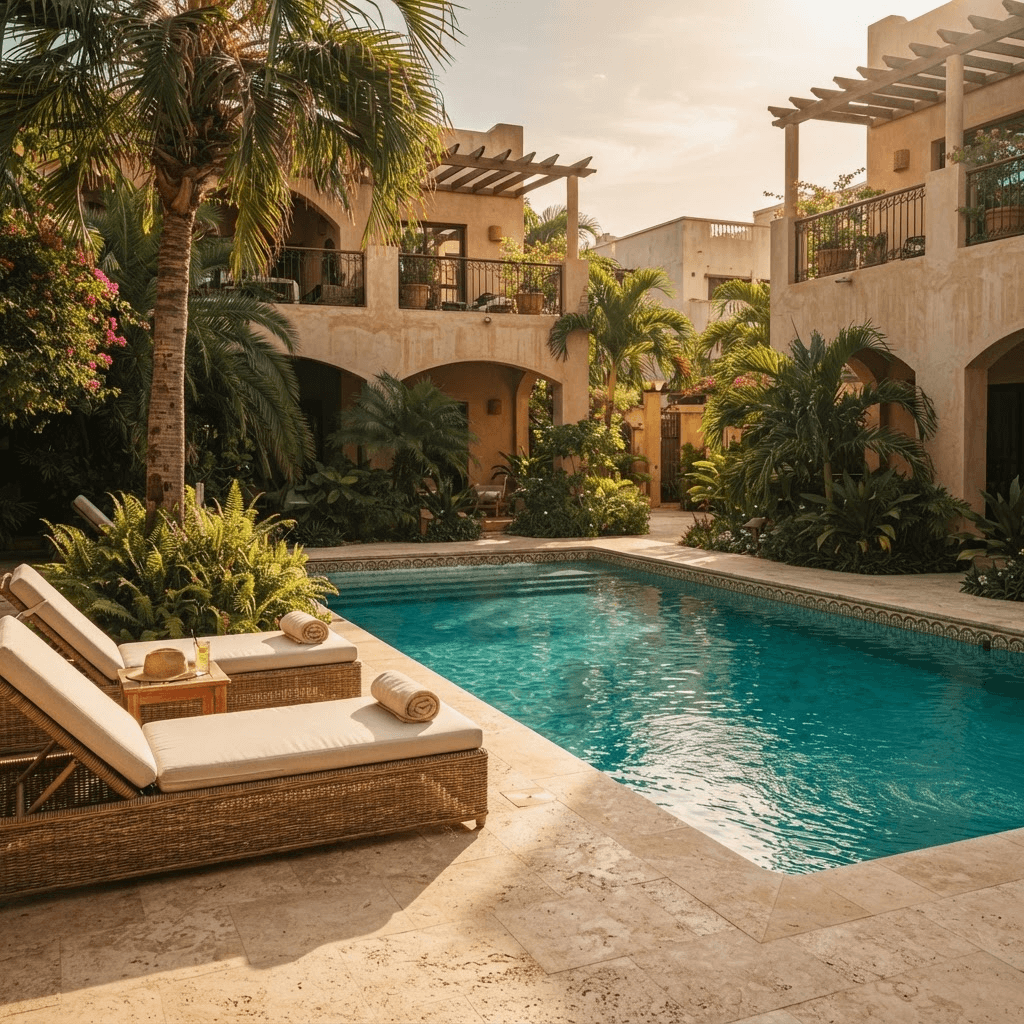 Courtyard swimming pool with rattan loungers in afternoon light