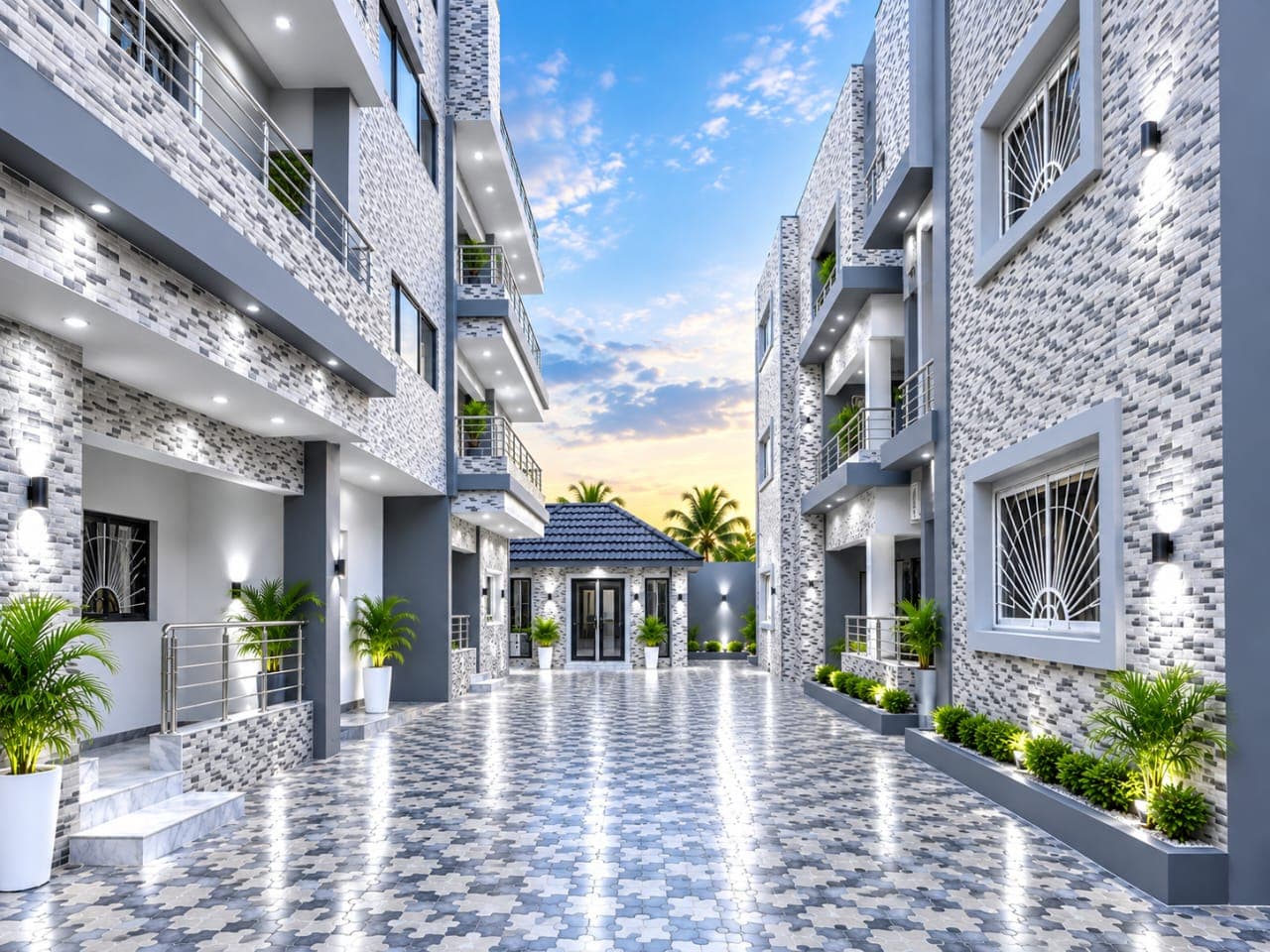 Diamond Edge Apartments building at dusk, framed by palm trees in Kotu